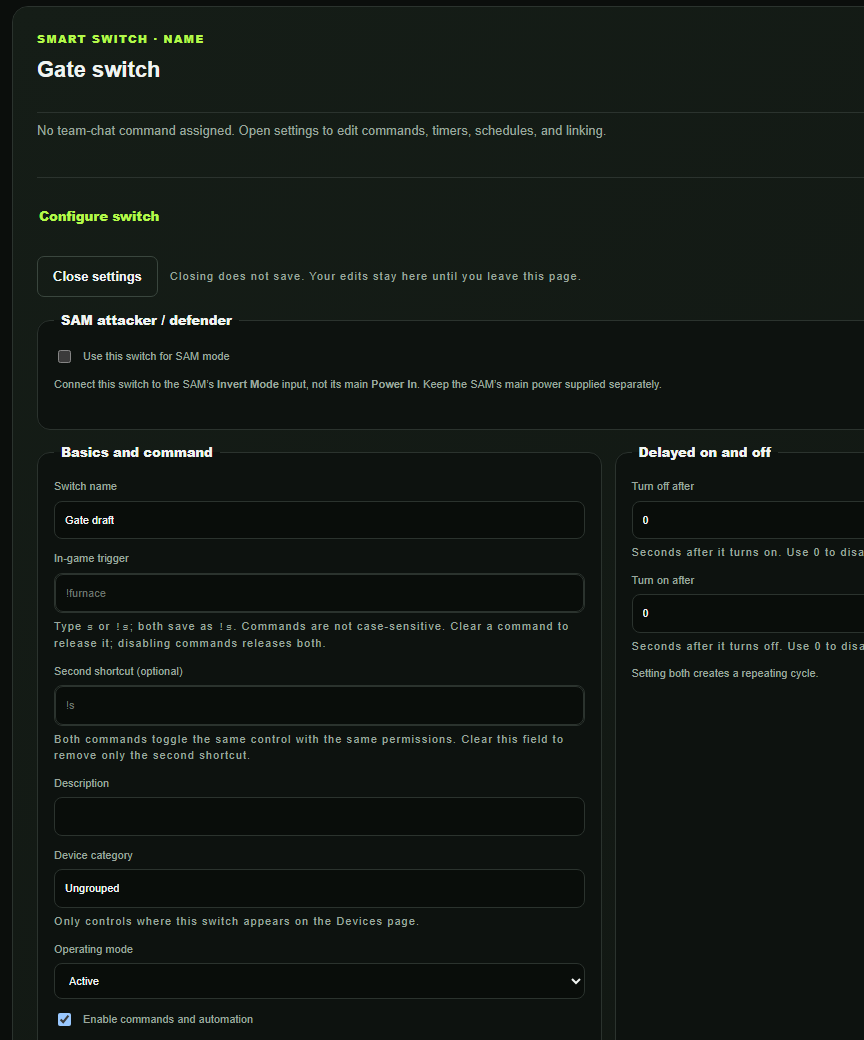WipeWire Smart Switch configuration showing a switch name, in-game trigger, timed on and off fields, and automation controls.